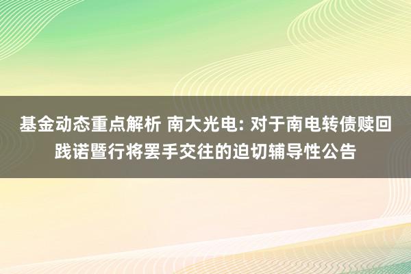 基金动态重点解析 南大光电: 对于南电转债赎回践诺暨行将罢手交往的迫切辅导性公告