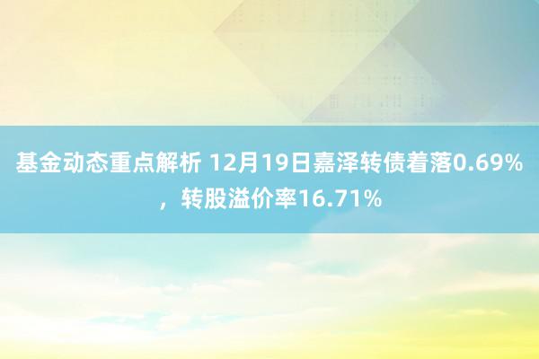 基金动态重点解析 12月19日嘉泽转债着落0.69%，转股溢价率16.71%